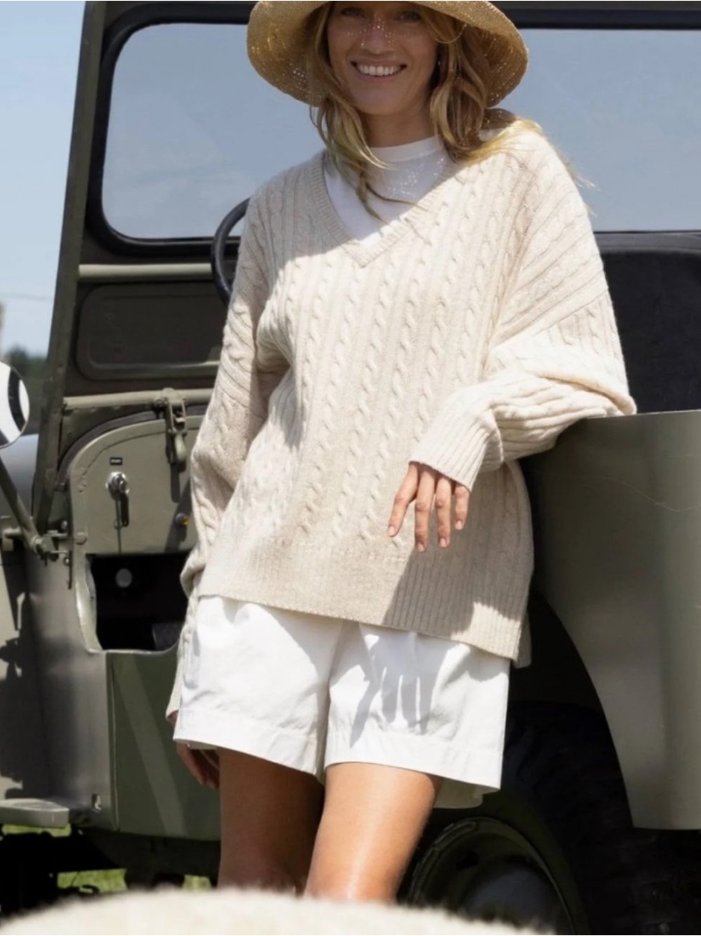 Jenni Kayne Nell V-Neck Sweater in Alabaster Size XS Wool Cashmere Cable Knit